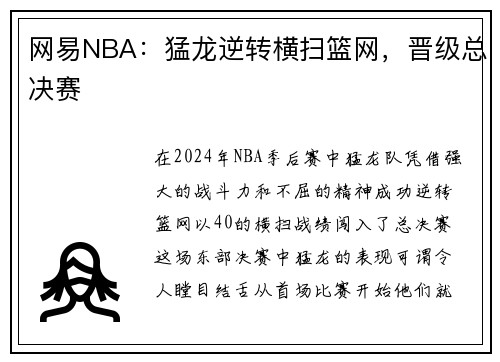 网易NBA：猛龙逆转横扫篮网，晋级总决赛